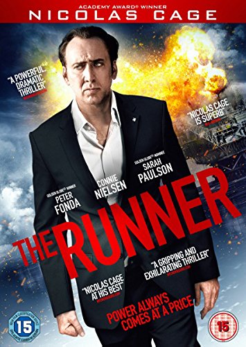 "The Runner DVD cover: Nicolas Cage in suit, explosion in background, title in red."