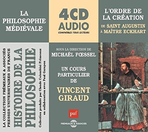 "Audio CD case cover with medieval painting and French text on green and beige background."