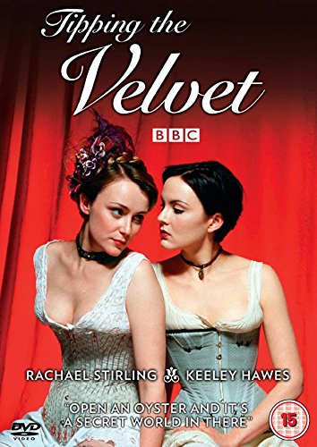 "Tipping the Velvet DVD cover featuring two women in white dresses against a red curtain."