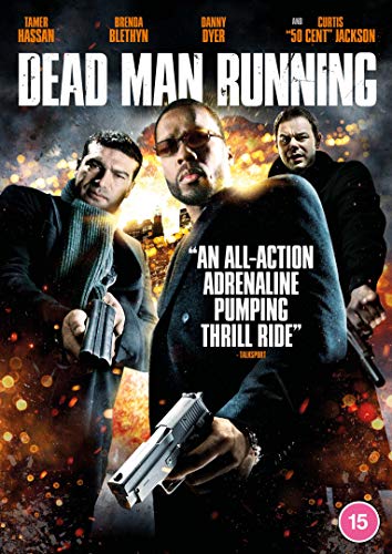 "Dead Man Running" DVD cover featuring three men with guns amidst an explosion.