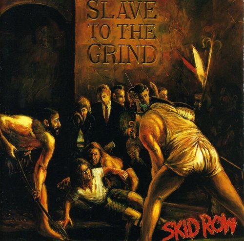 "Album cover art: 'Slave to the Grind' by Skid Row, depicting a chaotic, dark scene."