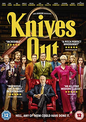 Knives Out" DVD cover featuring a large cast and a red armchair.