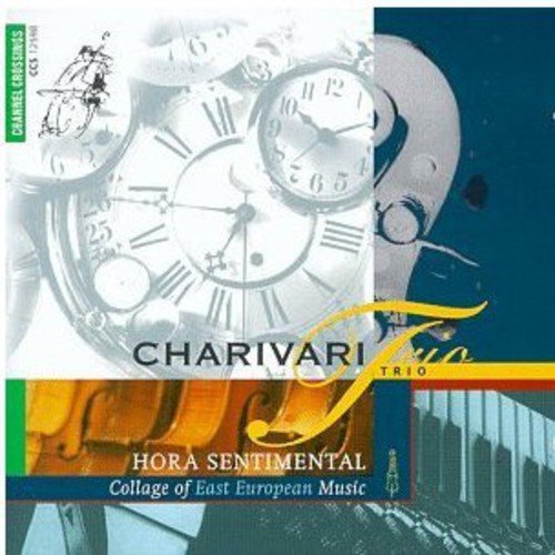 "CD cover featuring a violin, clock, and text 'Charivari Trio' and 'Hora Sentimental'."