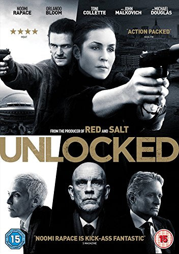 "Unlocked DVD cover featuring Noomi Rapace and Orlando Bloom holding guns, with other actors below."