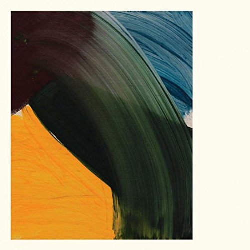 "Abstract album cover with green, blue, orange, and maroon brushstrokes on a white background."