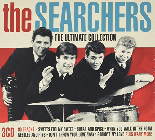 The Searchers band members posed with instruments on an album cover with red background.