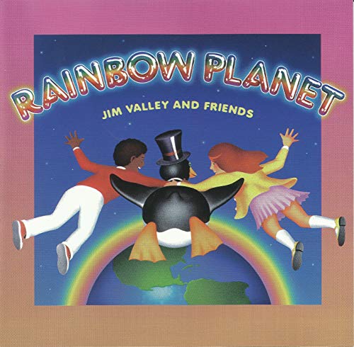 "Album cover art: cartoon people flying around the Earth with a rainbow."