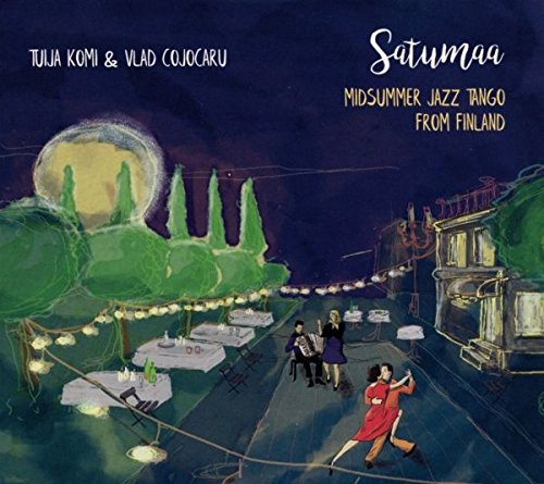 "Album cover art featuring a couple dancing under a full moon with musicians nearby."