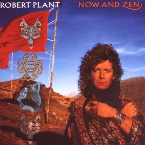Robert Plant album cover with man in patterned robe, red flag, and ornaments.