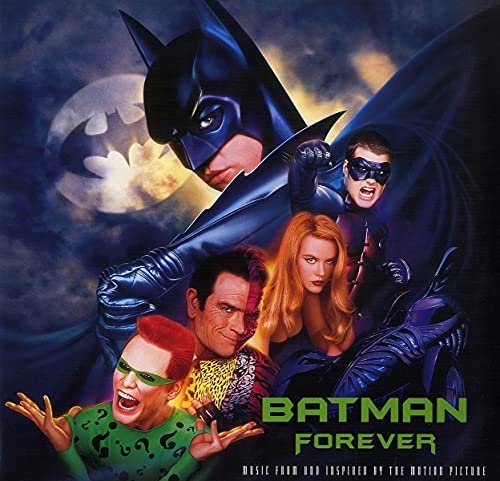 Batman Forever" soundtrack vinyl cover featuring Batman, Robin, Two-Face, and The Riddler.