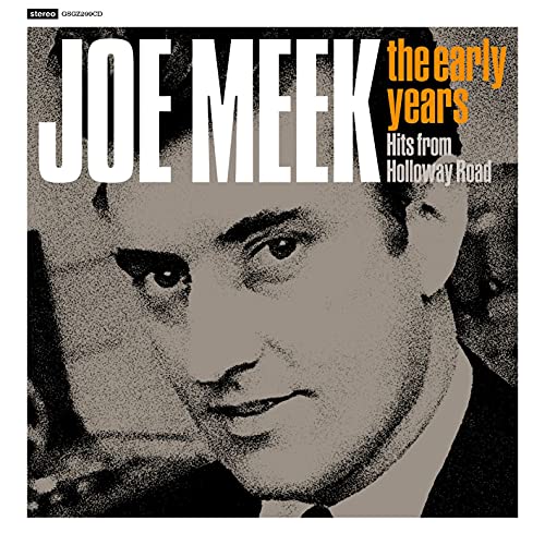 "CD cover with black and white portrait of Joe Meek and bold title text."