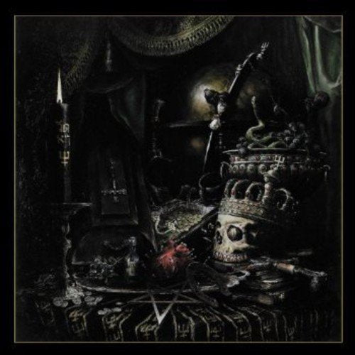 A dark album cover featuring a skull surrounded by medieval artifacts on a black background.