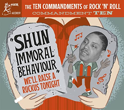 CD cover: stone tablet, illustrated man with cocktail, musical notes.