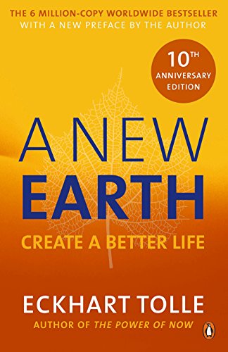Book cover of "A New Earth" by Eckhart Tolle, orange gradient background, sunrise design.