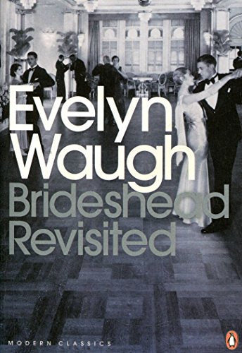 "Book cover of 'Brideshead Revisited' featuring an illustration of a manor and garden scene."