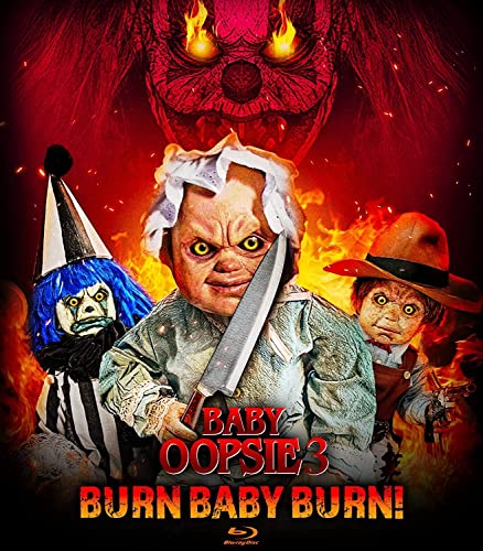 Blu-ray cover featuring menacing baby dolls with knives, flames, and clowns.