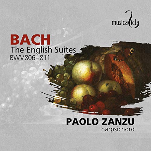 CD cover with fruit illustration, text "Bach" and "Paolo Zanzu harpsichord" on grey background.