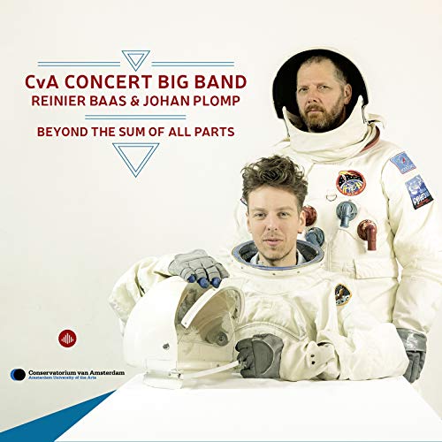"Album cover featuring two men in white spacesuits against a white background."