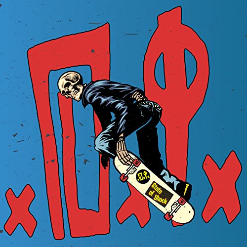 Skeleton skateboarding, album art for D.I.'s "State Of Shock" vinyl.