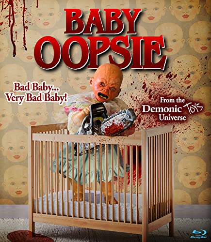 Horror movie poster: demonic baby with chainsaw in a crib.