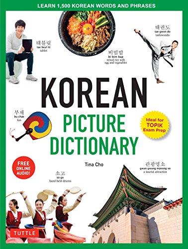 Book cover for Korean Picture Dictionary featuring images of food, people, and cultural landmarks.