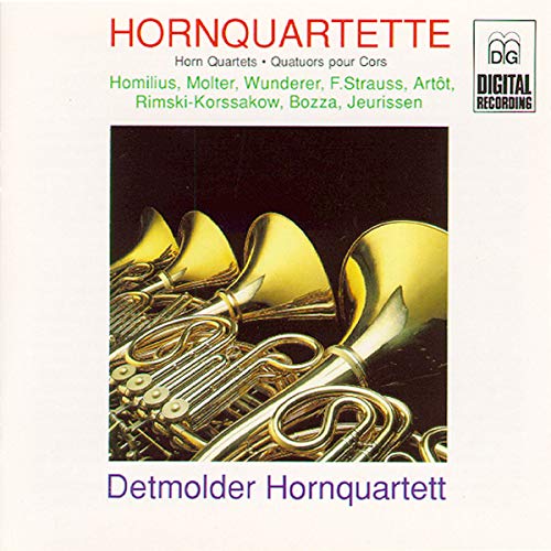 CD cover for Detmolder Hornquartett featuring four golden French horns.