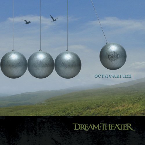 "Album cover featuring four metal balls suspended over a serene landscape."