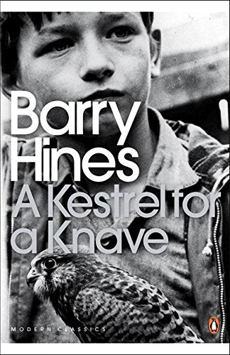 Book cover: black and white image of boy holding a kestrel, title and author below.