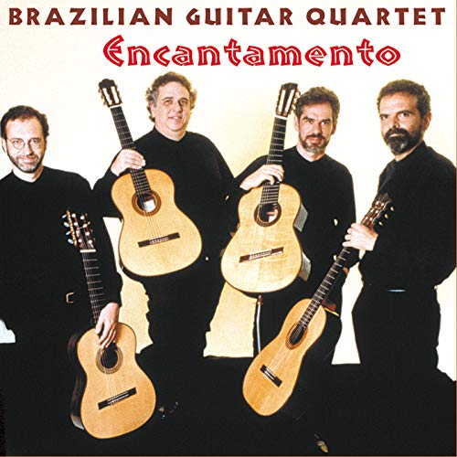 Four men holding classical guitars, album cover for Brazilian Guitar Quartet.