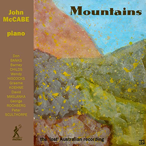 "Album cover with abstract mountain landscape and yellow splatters, featuring 'John McCabe' and 'Mountains'."