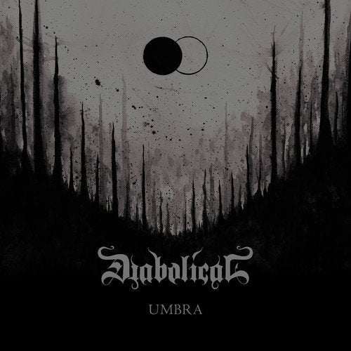 Dark album cover with black silhouetted trees, gray sky, and eclipse symbol above gothic text.