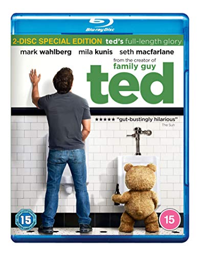 Blu-ray cover for "Ted" featuring a man, a teddy bear, and a bathroom.