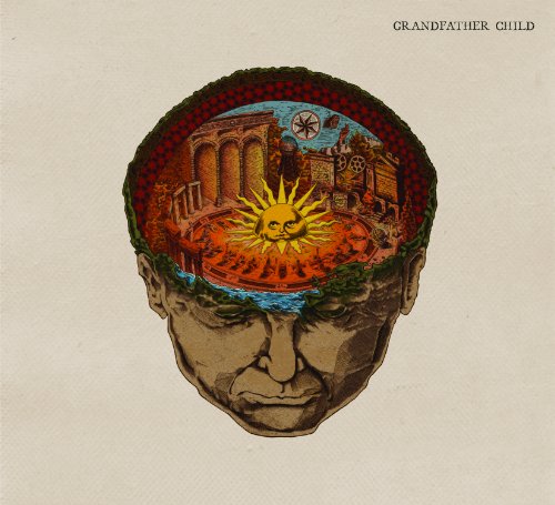 Album cover art featuring a man's head with a fantastical scene inside.