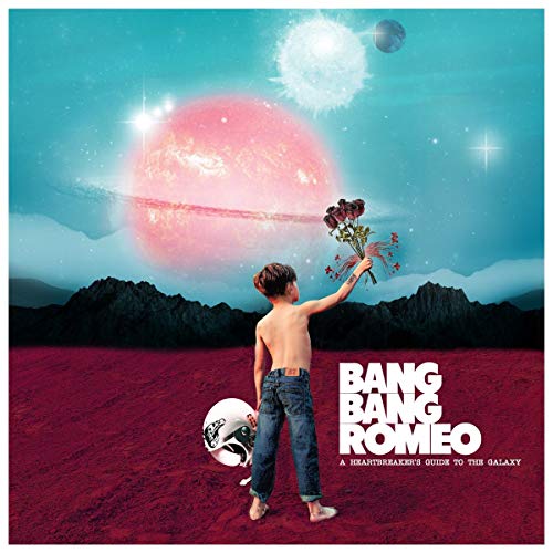 Boy with roses views planets and stars on a red landscape.