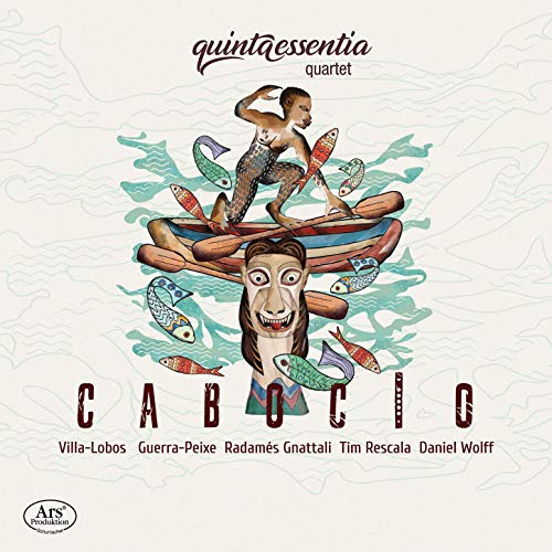 "CD cover art featuring a merman and man on a raft surrounded by fish."