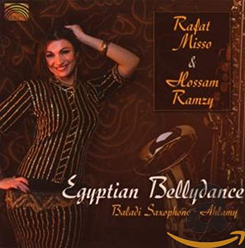 CD cover featuring a belly dancer in a striped dress and saxophone.