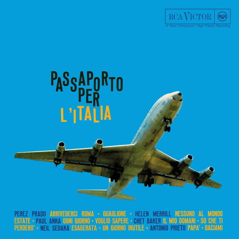Vinyl record cover: blue background, airplane, and white text "Passaporto Per L'Italia".