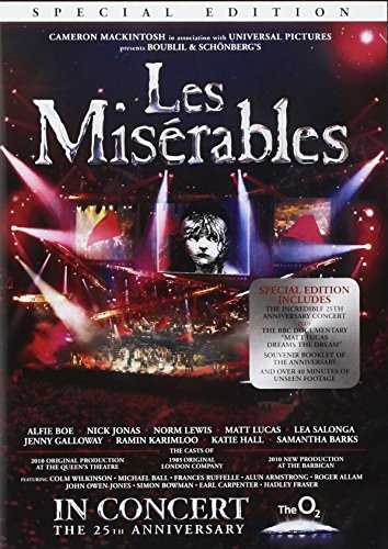 Les MisƩrables In Concert" DVD cover featuring a performer with stage lights.