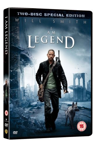 “I Am Legend” DVD cover featuring Will Smith with a dog in a ruined city.