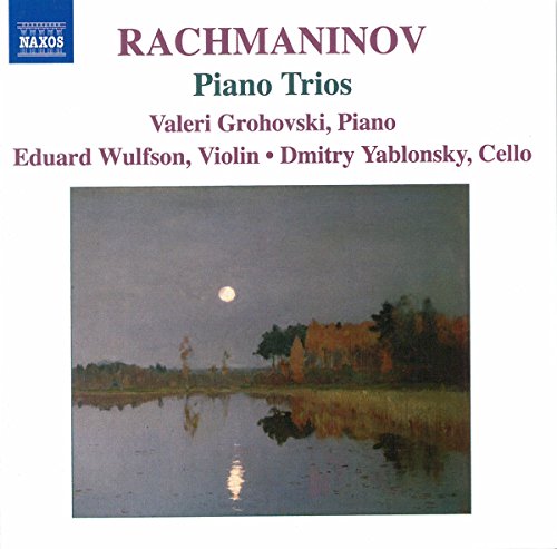 CD cover for Rachmaninov Piano Trios featuring a moonlit landscape painting over a lake.