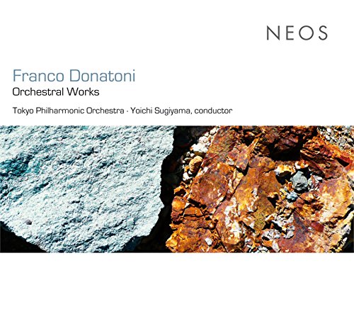 CD cover with white background and abstract rock image, featuring "Franco Donatoni: Orchestral Works".