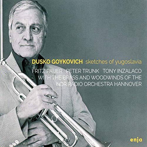 CD cover with Dusko Goykovich holding a trumpet, gray background, text overlay.