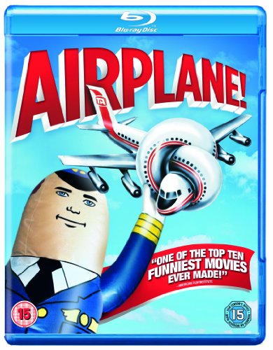 Airplane!" Blu-ray cover with a cartoon pilot and toy airplanes.