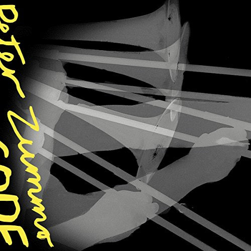 A black-and-white image of a person playing trombone with yellow text on the left.