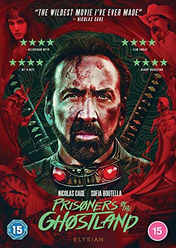 DVD cover for "Prisoners of the Ghostland" featuring Nicolas Cage with a distressed look.