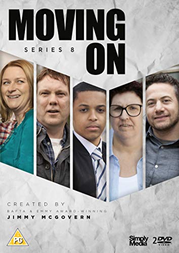 DVD cover for "Moving On - Series 8" featuring six headshots on a grey background.