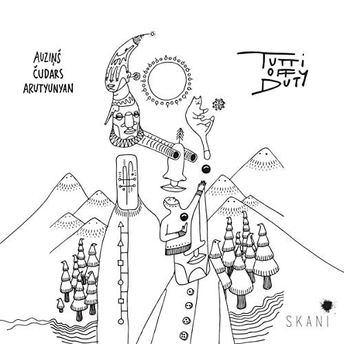 Black and white line drawing of figures and mountains, album art.