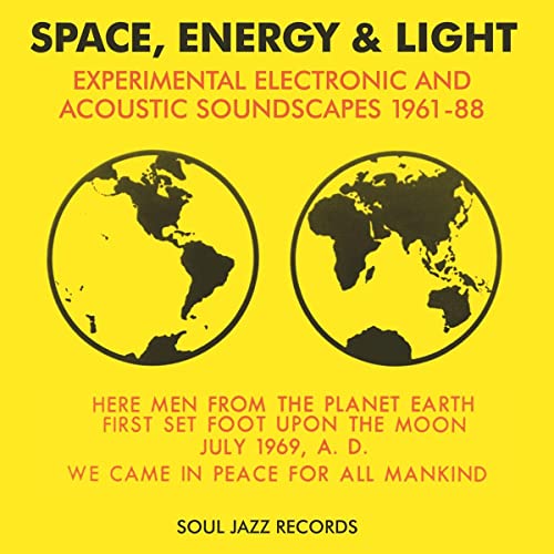 Yellow album cover with two Earth images and red text about space travel.