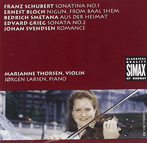 A maroon CD cover featuring a woman playing violin, with white text listing musical compositions.