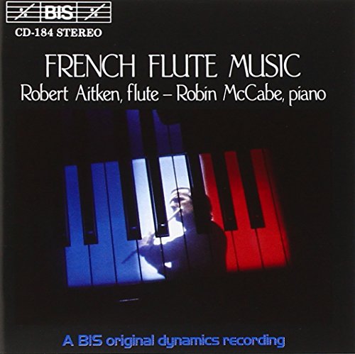 CD cover for “French Flute Music” featuring a flutist and piano keys.